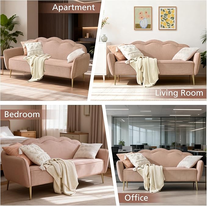 VELOCAVA 67 Loveseat Sofa Modern 2-Seater Upholstered Couch with Linen-Textured Fabric Curved Scalloped Back 7.87 Raised Legs for Living Room Apartment or Bedroom Pink