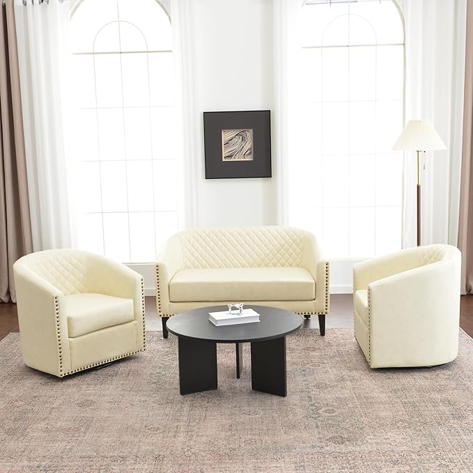 KINWELL 50 Faux Leather Upholstered Loveseat Sofa with 2 Swivel Barrel Accent Chairs Minimalist Comfy 2-Seater Couch and Armchair for Small Spaces Apartment Cream