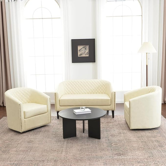KINWELL 50 Faux Leather Upholstered Loveseat Sofa with 2 Swivel Barrel Accent Chairs Minimalist Comfy 2-Seater Couch and Armchair for Small Spaces Apartment Cream