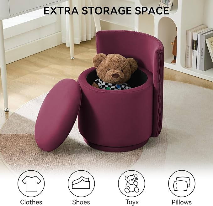 Velvet Vanity Chair with Storage 360° Swivel Makeup Chair with Wave Back No Assembly Small Accent Stool for Bedroom Dressing Living Room Burgundy