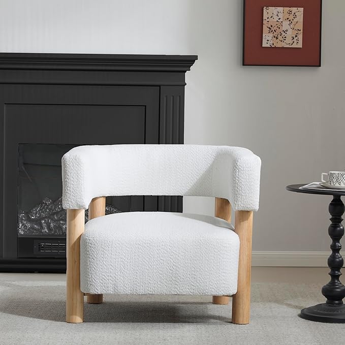 Christopher Knight Home Carly Low Profile Accent Chair Round Backrest Side Chair Living Room Armchair with Boucle Fabric Cushion Comfy Reading Chair for Bedroom Wooden Single Lounge Sofa White
