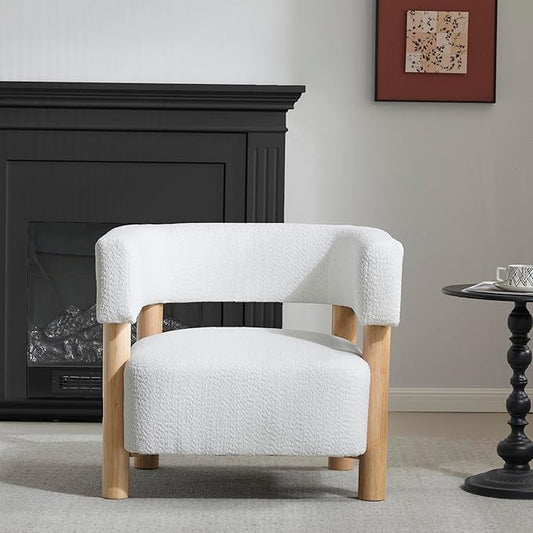 Christopher Knight Home Carly Low Profile Accent Chair Round Backrest Side Chair Living Room Armchair with Boucle Fabric Cushion Comfy Reading Chair for Bedroom Wooden Single Lounge Sofa White