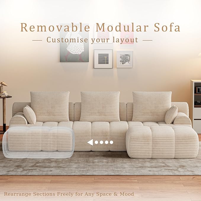 Chogori Corduroy Modular Sectional Sofa 118 Inch Boneless Cloud Couch with High Density Memory Foam Tufted L-Shaped Sofa for Living RoomNo Assembly (Beige)