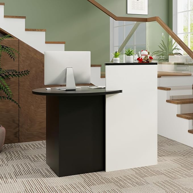 Reception Desk Small Retail Checkout Counter with Lockable Drawer and Open Shelves Wooden Computer Workstation for Home Office Lobby White Oval Desktop &amp Black Counter