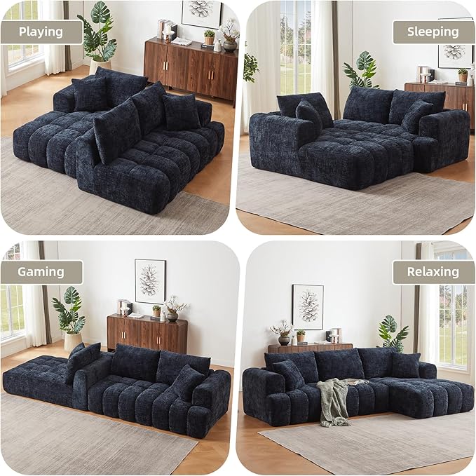 110 Inch Cloud Sectional CouchModern Upholstered Sofa with Deep SeatChenille Boneless Couches with L-Shape ChaiseSponge Compressed Couches for Living Room (Dark Blue Right Facing Chaise)