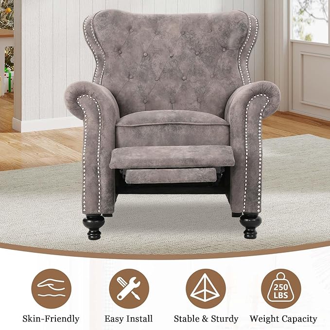 Mid Century Wingback Recliner Fabric Push Back Recliner Chair Single Rolled Armchair Sofa with Rivet Decoration Accent Chairs with Stable Hump Feet for Living Room (Brown Gray)