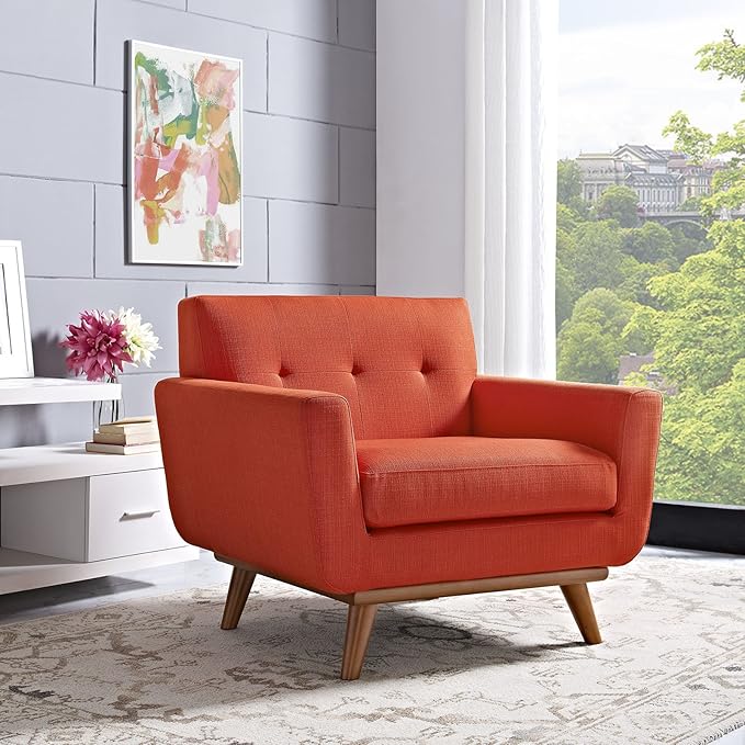 Modway Engage Mid-Century Modern Upholstered Fabric Accent Arm Lounge Chair Wood in Atomic Red Armchair