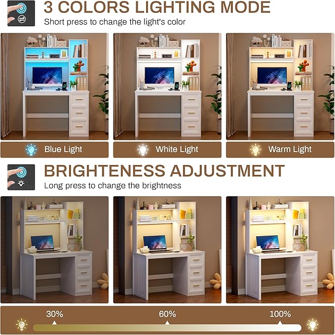 LVSOMT 40” Home Office Desk with Hutch and Drawers Computer Desk with Power Outlets and LED Light Study Writing Gaming Table with Storage Shelves Workstation for Bedroom White
