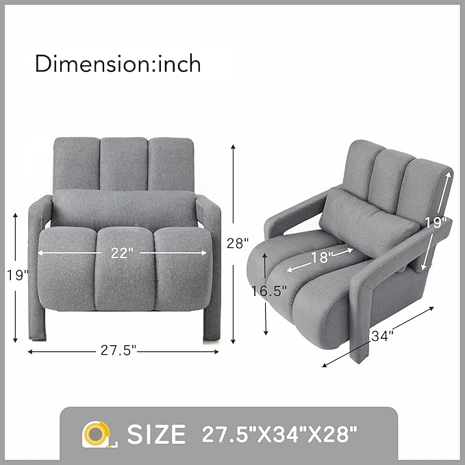 Accent Chair Modern Upholstered Armchair with Pillow Breathable Linen Fabric Comfy Reading Chair for Living Room Bedroom Small Spaces Office Study Grey