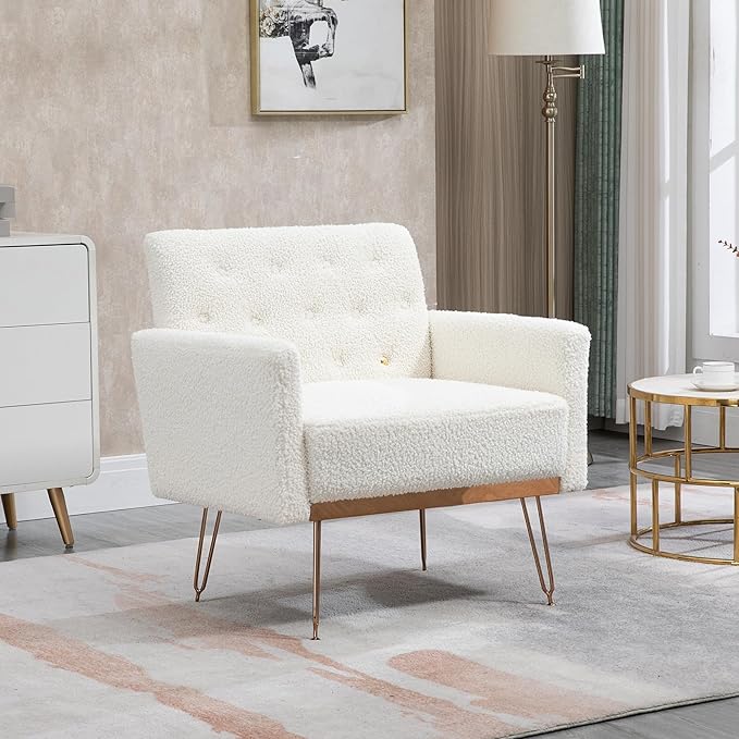 Accent Chair for Living Room Comfy Oversized Velvet Upholstered Arm Chairs Mid Century Modern Reading Single Sofa Side Chair with Tufted Back and Gold Legs for Bedroom (1 Teddy White)