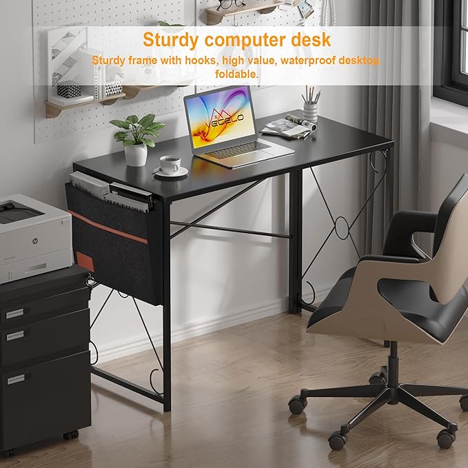 VECELO 39 Inch Folding Desk Simple Assembly Desk Writing Computer Desk for Home Office Study Office Desk Foldable Table for Small Spaces Black