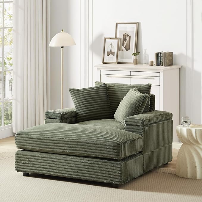 Chaise Lounge Chair Indoor 44 Inch Comfy Corduroy Sectional Cloud Couch Upholstered Single Sofa w/Movable Ottoman for Living Room Bedroom Apartment Green