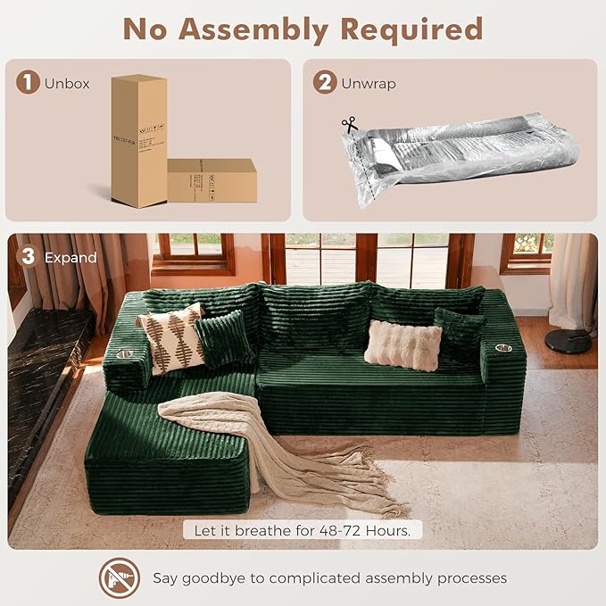 ELUCHANG Oversized 108” Boneless Couch Comfy Cloud Modular Sectional Sofa L-Shape Sofa with Chaise Memory Foam Upholstered Couch for Living Room Bedroom No Assembly Required Corduroy Green