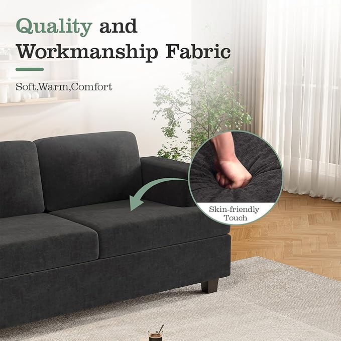 Apicizon 89 Black Couch for Living Room Comfy Couch Clound Sofa 3 Seater Sofa Modern Couches with Removerable Cover for Bedroom Chenille