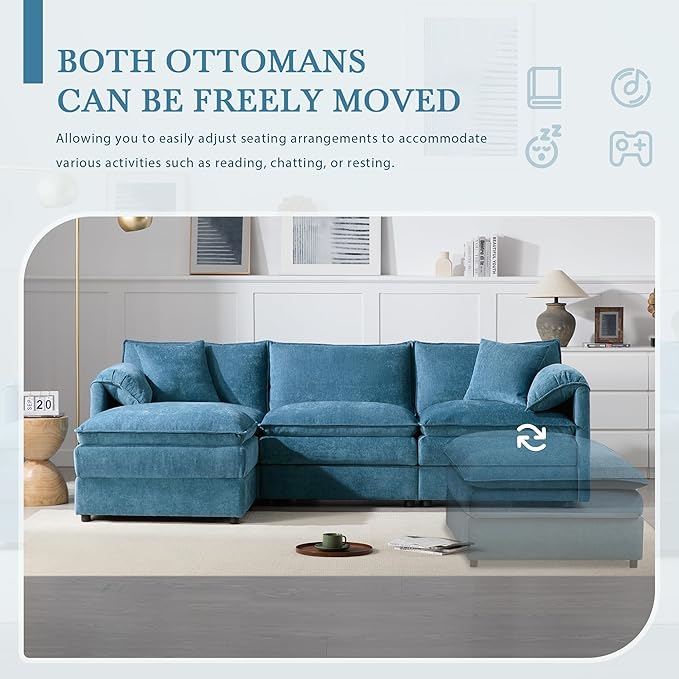 Modular Sectional Sofa 103.5 Inch L Shaped Couch for Living Room 4-Seater Comfy Chenille Cloud Couches with Movable Ottoman (Light Blue)