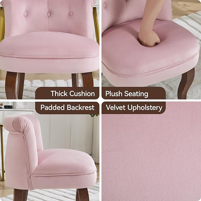 Velvet Tufted Vanity Chair with Back Upholstered Mid Century Vanity Stool with Solid Wood Legs Small Makeup Chair for Vanity Accent Chair for Bedroom Living Room Pink