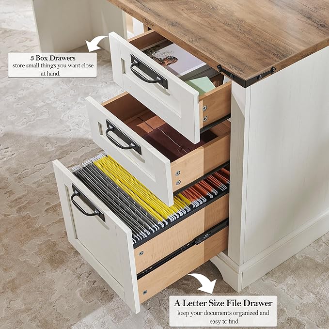 RedLemon 60 Farmhouse L Shaped Desk with Drawers Wood Home Office Corner Executive Desk with Charging Station File Drawer Storage Cabinet Rustic Computer Writing Desk (Antique White)