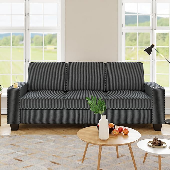 83.86 Corduroy 3-Seater Sofa with Extra Deep Seat Modern Cloud Couch with 2 Cup Holders Comfy Upholstered Sofa for Living Room Apartment &amp Office Grey