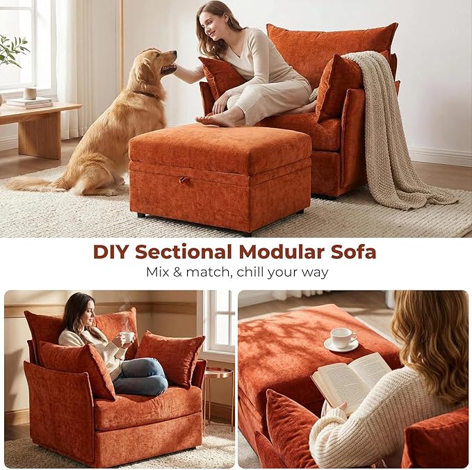 ABCASA Oversized Accent Chair Upholstered Modern Single Sofa Living Room Chair 24.5 Deep Seat Reading Chair Terracotta Orange Mid-Century Pet-Friendly Comfy Chenille Bedroom Armchair