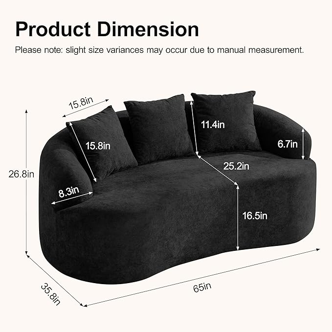 65 Boneless Curved Loveseat Sofa Deep Seat Love Seat Couches Modern 2 Seater Curved Couch with 3 Throw Pillows Compressed Floor Sofa for Living Room Small Spaces No Assembly Black