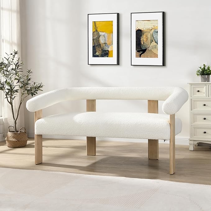 GDFStudio 53.25 Loveseat Sofa with Round Boucle Rrmrest Lightweight Upholstered Small Couch with Rubber Wood Frame Modern Couch with Deep Seat for for Living Room Bedroom Beige