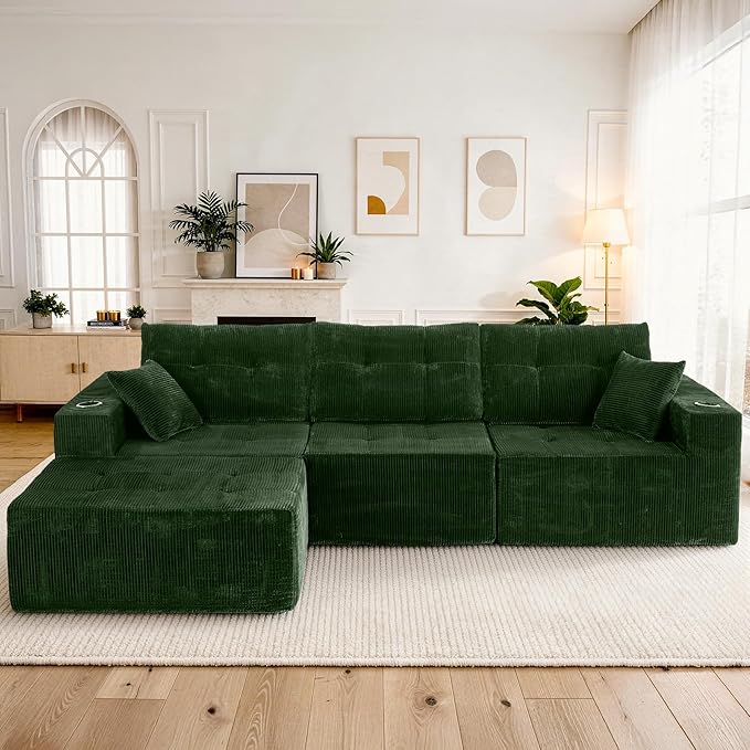 113 Modular Sectional Sofa for Living Room Convertible L-Shape Couch with Ottoman 4 Seater Modular Sectional SofaGreen Corduroy