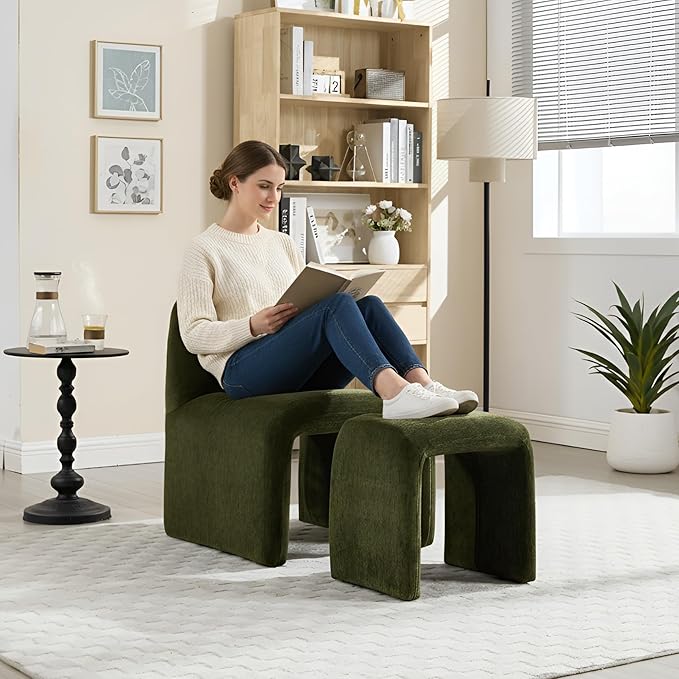 Accent Reading Chair with Ottoman Chenille Upholstered Comfy Armless Accent Chair with Footrest Modern Side Lounge Chair for Living Room Bedroom Moss Green