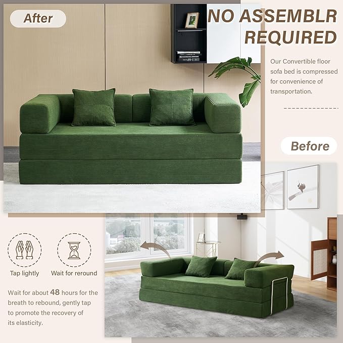 YINIX Foldable Sofa Bed 78'' Folding Floor Couch Compressed Convertable Sleeper Sofa Memory Foam Couch with Pillow Back Support Armrest 4-in-1 Futon Sofa Bed for Living Room Green