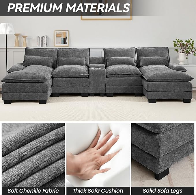 125 U Shaped Cloud Modular Sectional Couch for Living Room Small Comfy Chenille Sofa with Double Chaise Lounge Storage Central Console Cup Holders USB PortGrey
