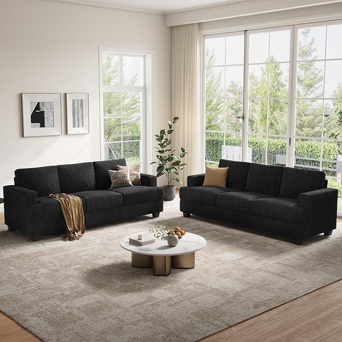 89 Inch Sofa with Extra Deep Seats Oversize 3 Seater Sofa for Living Room Modern Couch and Sofa Comfy Armrests and Seats and Backrests Easy InstallationWide Corduroy Fabric Black