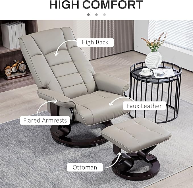 HOMCOM Faux Leather Reclining Chair Swivel Ottoman Chair Recliner with Ottoman with High Back and Wood Frame for Living Room Gray