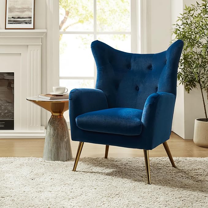 HULALA HOME Velvet Accent Chair Set of 2 Modern Wingback Arm Chair with Metal Gold Legs Velvet Tufted Upholstered Single Sofa Chair (Navy)