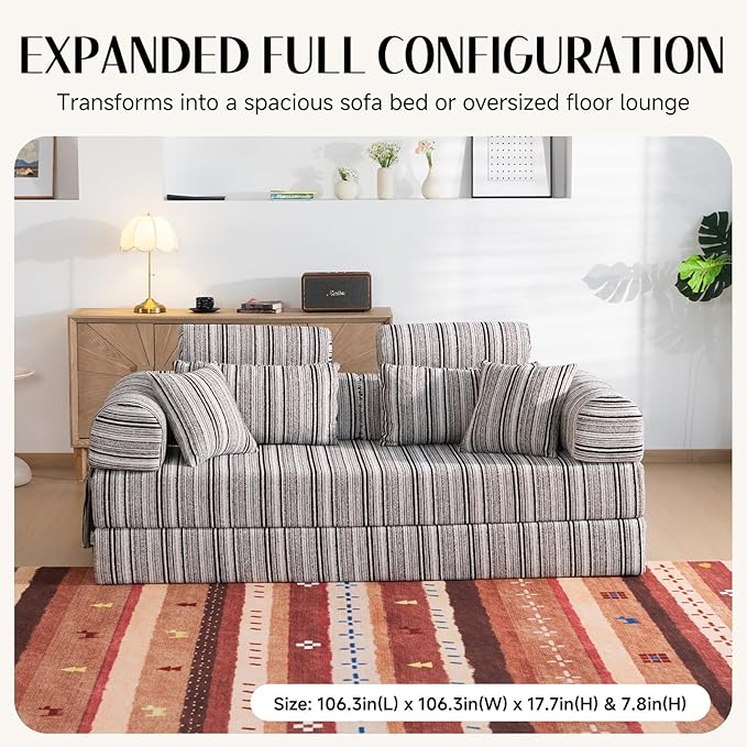 79 Corduroy Sofa Bed Sleeper Couch 6-in-1 Convertible Boneless Floor Futon Loveseat High-Density Foam Couch in a Box with 2 Headrest Pillows No Assembly Black and White