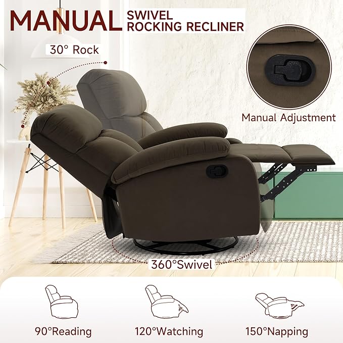 Swivel Rocker Recliner Small Recliner for Small Spaces with Overstuffed Arms and Back Manual Swivel Chair with Ultra-Soft Velvet for Living Room Nursery Bedroom Coffee