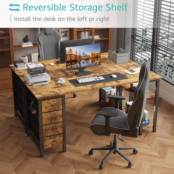 Lufeiya 63 inch Computer Desk with 4 Fabric Drawers &amp Storage Shelves Writing Work Study Desk for Home Office Bedroom Modern Simple Student PC Desks Table Rustic Brown