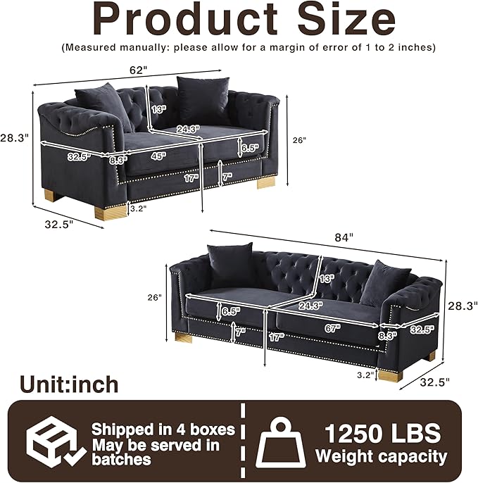 KEIKI Chesterfield Sofa Retro Style Upholstered 3+2 Seat Couch with Rolled Arm for Living Room Bedroom Office Black