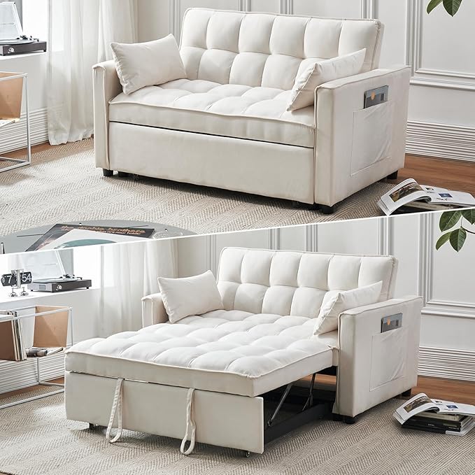 Futon Sleeper Sofa Bed Modern 3 in 1 Convertible Loveseat Sleeper Pull Out Couch Bed with Adjustable Backrest Storage Pockets and Toss Pillows for Living Room Bedroom (Cream)