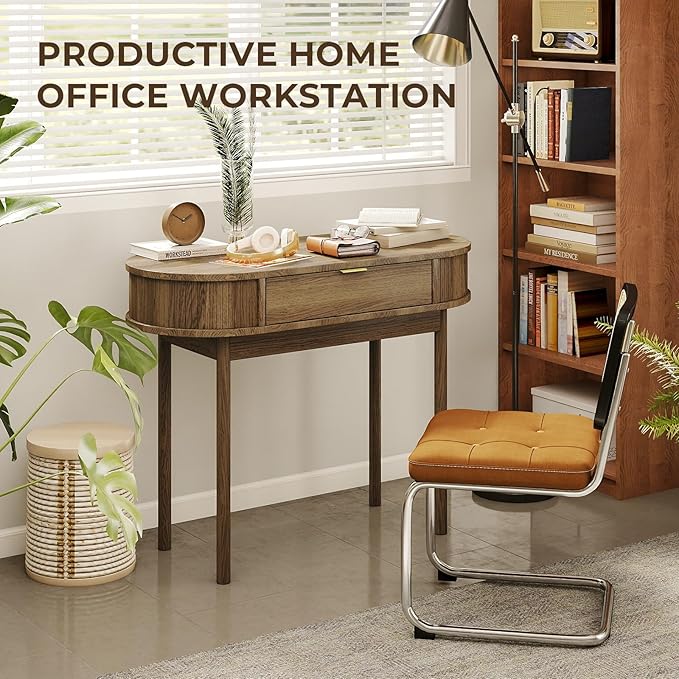 Writing Desk with Drawer 39 Small Computer Desk with Fluted Design Oval Wood Study Table for Small Space Modern Home Office Desk Makeup Vanity Table for Bedroom Brown