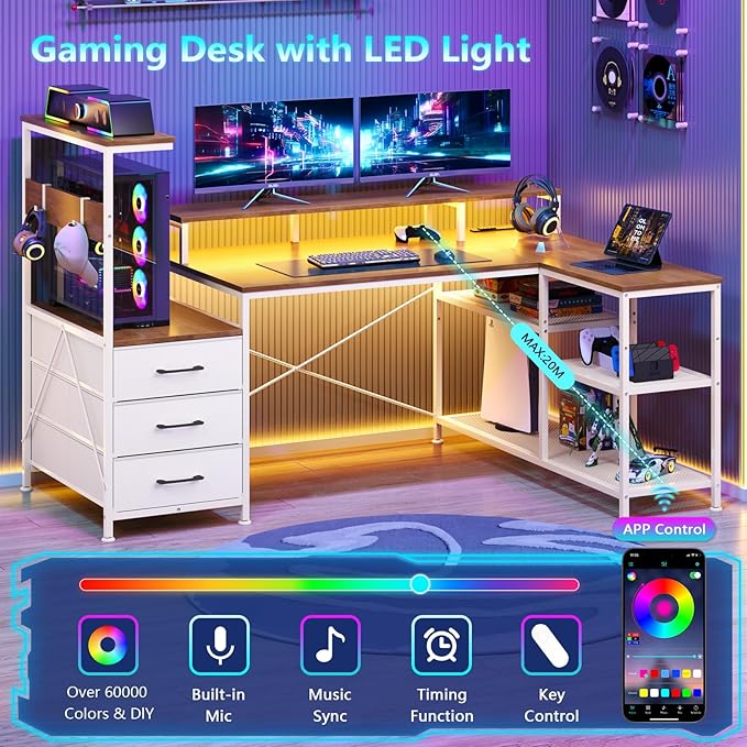 L Shaped Gaming Desk with Drawers &amp Storage Shelves Corner Gaming Desk with Power Outlets &amp LED Light Reversible Computer Desk with Monitor Stand &amp Hooks Brown and White
