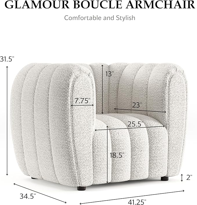 Furniture of America Glamour Contemporary Vertical Channel Tufted Boucle Accent Chair with Wooden Legs Fabric Upholstered Armchair for Living Room Bedroom Office Off-White