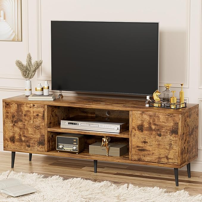 YESHOMY Modern TV Stand for 65 Television Entertainment Center with Two Storage Cabinets Retro Style Media Console for Living Room Bedroom Office 58 Inch Rustic Brown