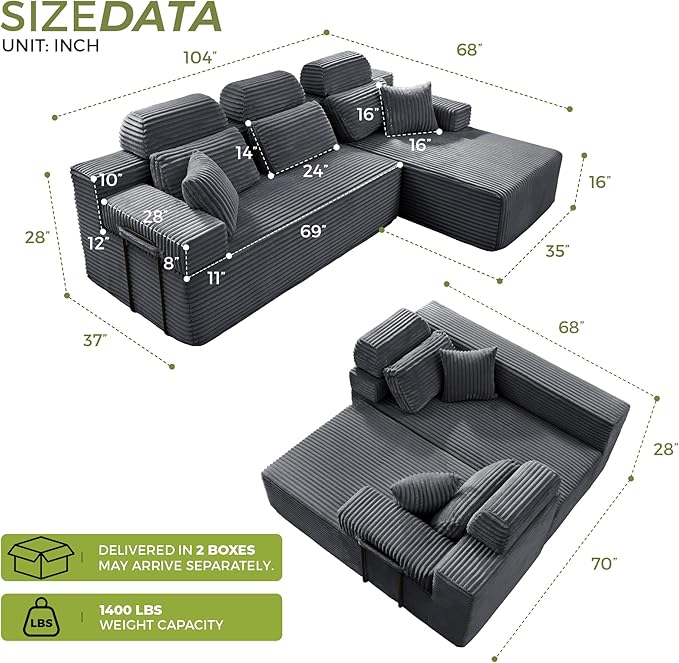 104 L-Shaped Cloud Modular Sectional Sofa with Chaise &amp Headrest Boneless Deep Seat Plush Corduroy Couches for Large Living Room No Assembly Required (Dark Gray 104 L-shapred Chaise)