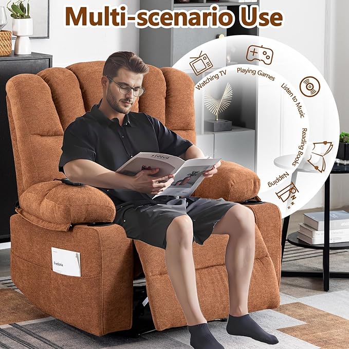 Massage Recliner Chair with Heat Brown Recliner Chair with Cup Holder for Adults Manual Reclining Chairs Large &amp Oversized Recliners for Living Room Fabric Heavy Duty (Brown)