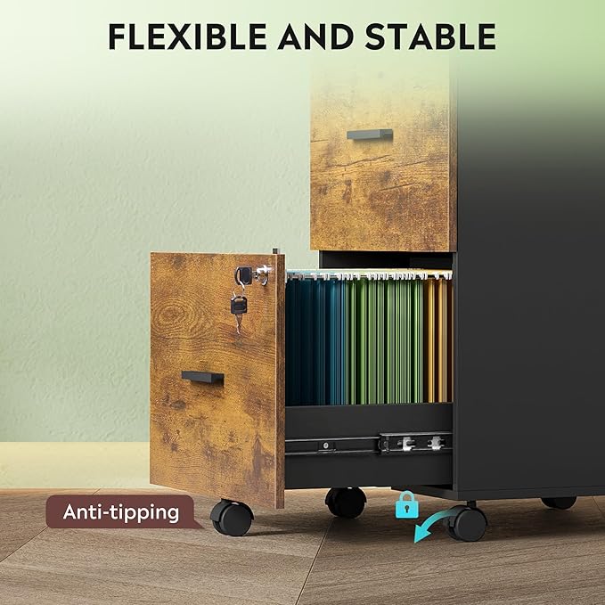 DEVAISE 3 Drawer Rolling File Cabinet with Lock Wood Filing Cabinet fits Letter / A4 Size for Home Office Rustic Brown