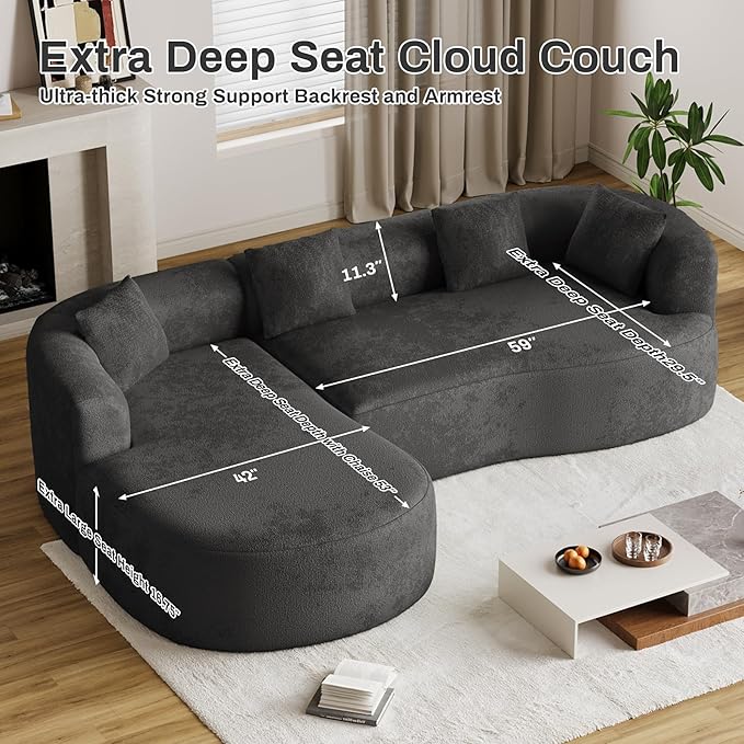Oversized Sectional Sofa with Left Chaise for Living Room 111 Modern Curved L Shape Cloud Couch with Extra Deep Seat Modern Luxury Chenille 4 Seater No Assembly Required Black