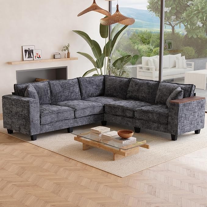 97 5 Seater L Shaped Couch Corner Sofa Oversized Cloud Couch with 2 Pillows Modular Sectional Sofa Armrests with Two Hidden Storage Space Sectional Couches for Living Room Gray Textured