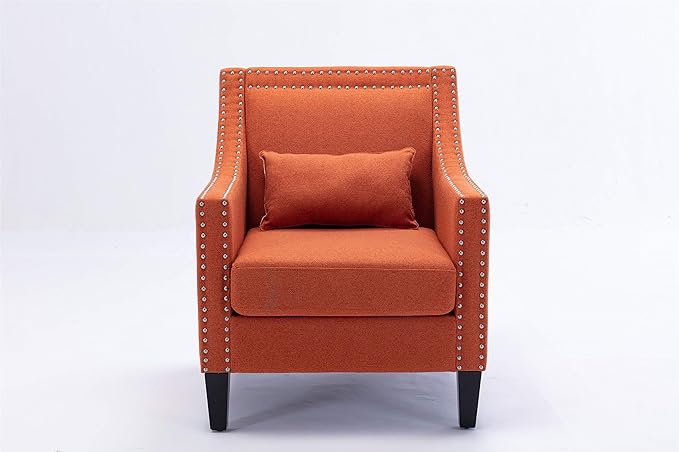 Accent Armchair Living Room Chair with Nailheads and Solid Wood Legs Orange Linen