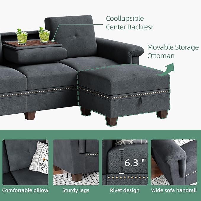 Shintenchi Sectional Couch Convertible L Shaped Couch with Storage Modular Sectional Sofa with Storage Ottoman for Living Room Apartment Office Dark Gray