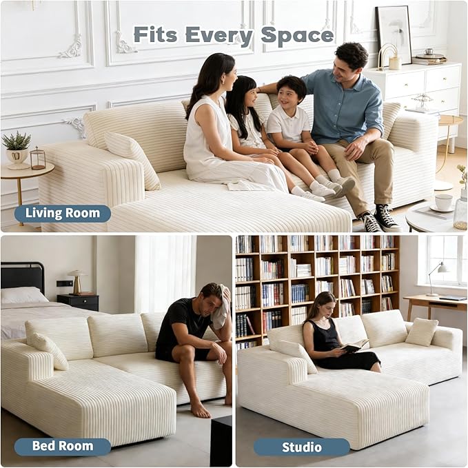 106 Corduroy Sectional Couch Boneless L Shaped Couch with Deep Seat Cloud Foam Sofa with Oversized Chaise Sectional Sofa No Assembly Needed for Living Room