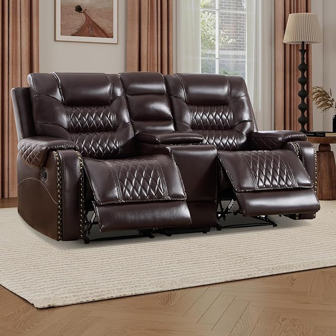 EBELLO Manual Reclining Loveseat Faux Leather Double Recliner Sofa with Center Console Hidden Storage &amp Cup Holders Vintage Rivet Mid-Century Modern Design for Living Room Dark Brown